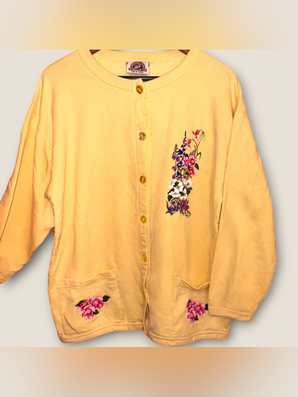 Vintage 90s Cottagecore Cotton Blend Yellow Floral Button-Front Women's Sweater
